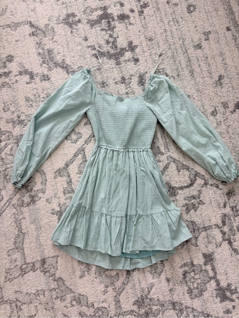 NWT Altar’d State Smocked Long Sleeve Ruffle Mini Dress - Sage Green size Small